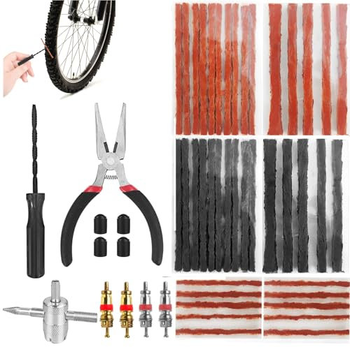 Nadinsta 52 Stück Tubeless Fahrradreifen MTB Reparaturset, Tubeless Reifen Flickset Tire Repair Kit 40 Klebestreifen und 1 Reifenreparatur Gabelreibahle Gummistopfen für Autos, Motorräder