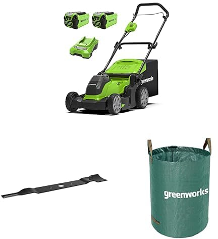 Greenworks 40V Cordless Lawnmower for Lawns up to 500m², 2x 2Ah Batteries & Charger-G40LM41K2X+ Greenworks Tools Original 41 cm Replacement Blade + Greenworks Tools 120 L garden waste bag