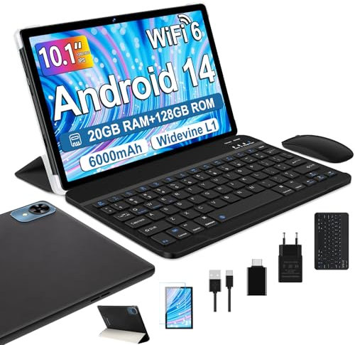 fezawio Android 14 tablet 10 pollici 20GB RAM + 128 GB ROM, otto core tablet WiFi 6, 6000mAh, (1TB TF) con tastiera e mouse + assicurazione di rottura dello schermo di un anno -(nero)