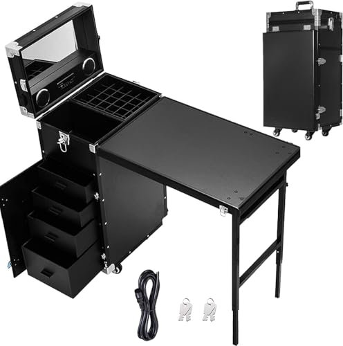 Rolling Manicure Table, Portable Nail Art Beauty Technician Desk with Mirror, Bluetooth Speaker, 360° Universal Wheel, Foldable Cosmetic Storage Organizer for Makeup Artist, Hair Stylist