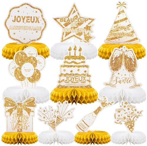 AUGSUN 10 Pièces Centre de Table Anniversaire Décorations,Français Fête Decoration Table Anniversaire Décoration de Fête Anniversaire Joyeux Anniversaire Accessoires Décorations Table Anniversaire Hom