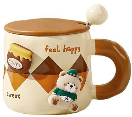 Ayolofei Bär Kaffeebecher mit Deckel und Löffel, lustige Neuheit abnehmbare magnetische 3D Bär Patch Frühstück Becher Tee Becher für Frauen Freunde Kinder Geburtstag Geschenk (Hellgelb-fröhlich)
