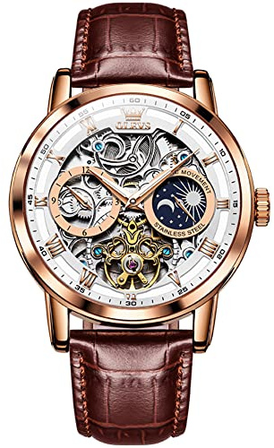 OLEVS Skeleton Montre mécanique Automatique pour Homme, en Cuir de Luxe étanche et Lumineuse