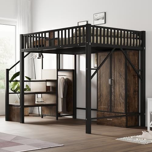 TOBIDOEN Metall Hochbett 140x200 cm mit Metallgittergeländer und Markantem Holzdesign, Großem Kleiderschrank, Schubladen und Stauraumtreppe, Offene Kleiderstange unter der Treppe, Schwarz (140x200)