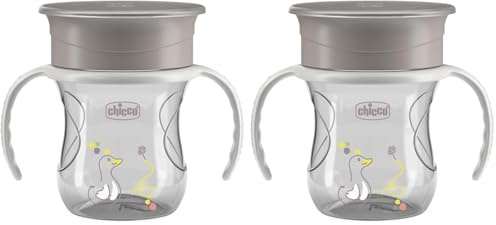 Chicco Vaso Infantil Perfect, Vaso Antiderrame para niños 200 ml, 1 Biberón 12+ Meses para Aprender a Beber, con Membrana de Silicona 360° y Asas Extraíbles, 0% BPA, Gris (Paquete de 2)