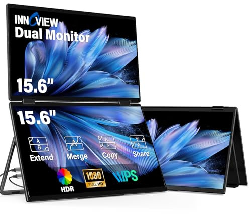 InnoView 15.6 FHD Dual Portable Monitor | All-in-One Foldable & Stackable Design | 315° Screen Adjustment & 180° Stand | USB-C/HDMI Travel Monitor for Laptop, Mac, Windows