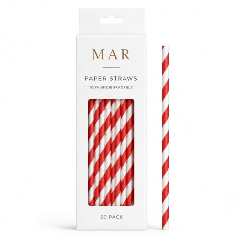 Colourful Paper Straws, Solid Stripes, 50 Pack, for Parties, Garden Parties, Summer BBQs, Birthdays | 100% Biodegradable (Red)