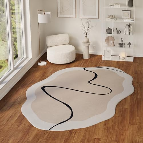 TAPISO Wisp Teppich Wohnzimmer Modern - Kurzflor Design Teppich Abstrakt - Weich, rutschfest, Pflegeleicht - Beige Braun Schwarz - Schlafzimmer Esszimmer Flur 80 x 150 cm