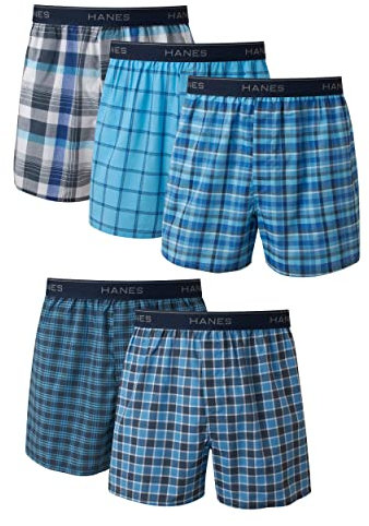 Hanes, boxer da uomo con tecnologia FreshIQ, senza etichetta, con motivo a tartan ed elastico a vista (confezione da 5) Assorted Large