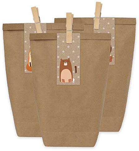 Papierdrachen Adventskalender zum Befüllen - 24 Geschenktüten und 24 Zahlenaufkleber und Klammern - Motiv Braune Waldtierchen - zum Befüllen und Basteln - Weihnachten - Mini Set Nr 34