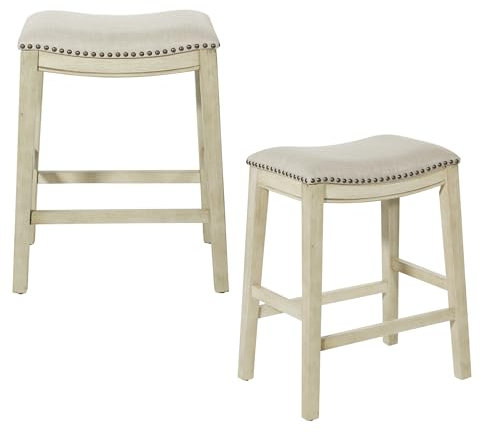 OSP Home Furnishings Sattelhocker mit Fuß in Antik-Weiß, 61 cm, Stoff beige