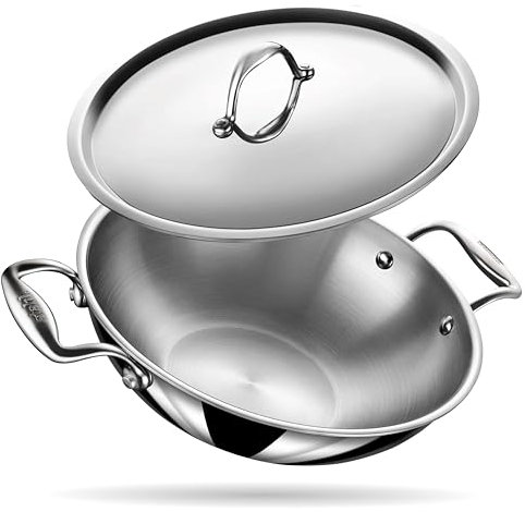 Stahl Edelstahl Triply Wok mit Deckel | Edelstahl-Kochgeschirr Triply Wok | Gas- & Induktionsboden | Ø 28 cm | 4.4 L (für 6-8 Personen)