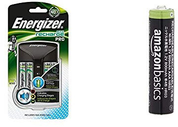 Energizer Chargeur Piles Rechargeables, pour AA et AAA Piles (4 Piles AA Incluses) & Amazon Basics Piles Rechargeables AAA (Lot de 16) 800 mAh pré-chargées