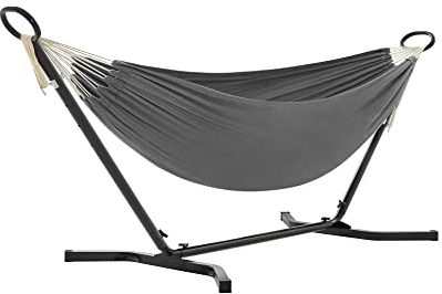 SONGMICS Hängematte, 210 x 150 cm, auf 5 Verschiedene Höhen verstellbar, Gestell aus Metall, bis 240 kg belastbar, für Garten, schwarzes Gestell und graue Hängematte GHS001G01