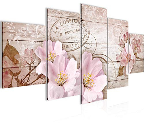 Runa Art Bild Wohnzimmer Schlafzimmer Vintage Blumen 5 Teilig Holzoptik Sakura Beige Wandbilder auf Vlies Leinwand 210053c