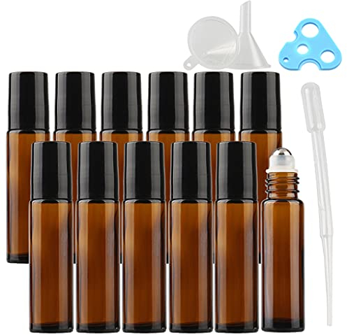 ZEOABSY Marrone Vetro Essential oil Roller Bottiglie con sfere in acciaio inox, 10 ml 48 Pezzi Roll-On Bottiglietta per aromaterapia, fragranza, laboratorio + 1 x Opener, 1 x Contagocce, 4 x imbuto