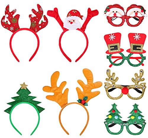 FRCOLOR 8 Stück Weihnachtsbrillengestell und Stirnbänder Weihnachtsbaum Stirnband Weihnachten Rentier Kostüm Stirnbänder Weihnachten Hüte Party Favors für Erwachsene und Kinder