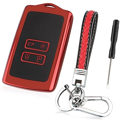 TPU Smart Key Case passend für Renault, Silikon Keyless 4-Tasten-Schlüsselanhänger, Renault-Schutzhülle für Autoschlüssel mit robustem Lederanhänger (Rot)