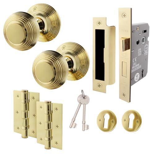 EAI Beehive Key Lock Door Knob Set Polished Brass | 1 Pair of Reeded Mortice Knobs (55mm), Sash Lock (80mm) & Hinges (76mm) for Internal Doors