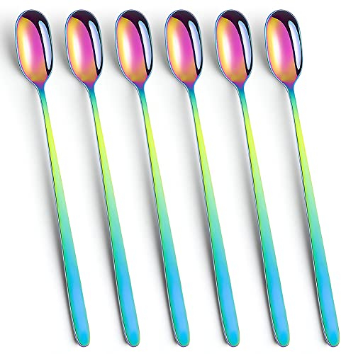 Sundae Lot de 6 cuillères à glace à long manche en acier inoxydable pour latte, café, expresso, chocolat chaud, boissons chaudes, passent au lave-vaisselle, 23 cm (arc-en-ciel)