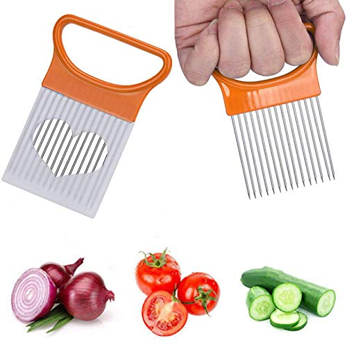 Schneidehilfe Wellenschneider Wellenmesser Für Lebensmittel Sicherheitsschneider Multifunktional Zwiebelhalter Edelstahlschneider Schneiden Zwiebeln Tomaten Küchenhelfer Zwiebelschäler (Orange)
