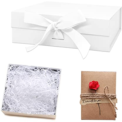 Idota Geschenkbox mit Deckel, Geschenkschachtel Weiß Magnetische Geschenkboxen mit Schleifenband, Grußkarten, Füllmaterial, Geschenkboxen für Hochzeit Geburtstag Weihnachten Jubiläum (Weiß-S)
