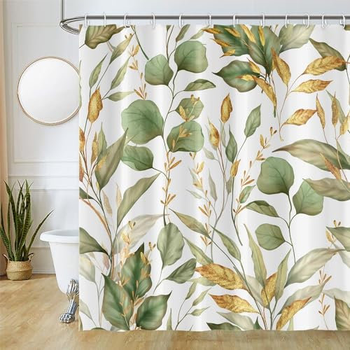 Duschvorhang Grün Gold, Uiiooazy Duschvorhang Eukalyptus Blätter Duschvorhäng Schimmel Resistant Wasserabweisend Polyester Stoff Waschbar Blickdicht Bad Vorhang mit 12 Haken für Badezimmer 180Bx180Hcm