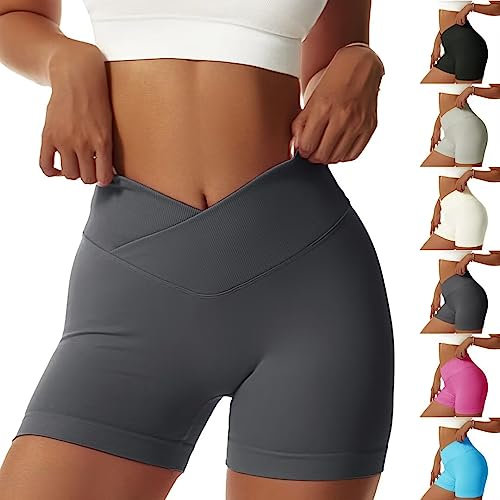 Vertvie Gym Shorts Damen V Cross Leggings Kurz Scrunch Butt High Waist Sporthose Yoga Sport Shorts Sommer Blickdicht Nahtlose Laufhose für Fitness, Jogging, Biker(S,Grau)