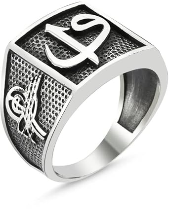 Generisch Elif VAV ve OSMANLI Tuğra Motifli Gümüş Erkek Yüzük 925 ayar Gümüs, Osmanische Siegel Tugra 925 Silber Herren Ring Geschenk für Männer Geschenkidee für Vatertag Geburtstag (64 (20,3 mm))