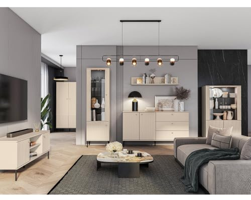 Lomadox Wohnzimmer Set in Kaschmir matt modern 6-teilig mit goldfarbenen Griffen, gerillter Optik, Kleiderschrank, Vitrine, Wandboard, Sideboard, Vitrinenschrank