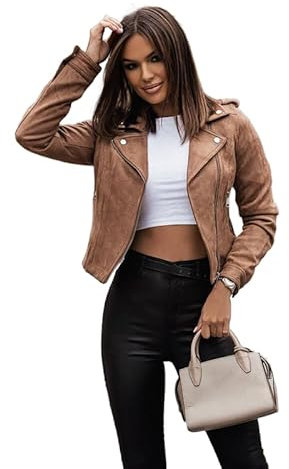 TOSHIKII Giacca in Pelle Scamosciata da Donna, Giacca da Motociclista in Finta Pelle Scamosciata, Cappotto da Motociclista con Cerniera da Donna, S-XXL