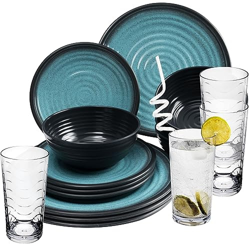 Melamin Geschirrset 4 Personen blau schwarz 16 Teile klaren 260ml Gläser