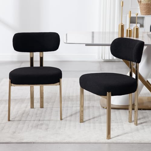 Wahson Esszimmerstühle 2er Set Teddystoff Küchenstuhl mit Goldene Metallbeinen, Polsterstühle für Esszimmer/Küche/Wohnzimmer,Schwarz