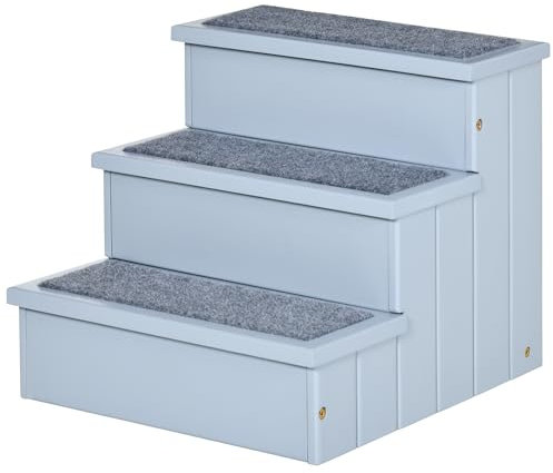 PawHut Escalera para Mascotas de Madera Escalera para Perros con 3 Peldaños Espacio de Almacenaje y Alfombra Antideslizantes Carga 30 kg 40,5x44,5x38 cm Gris