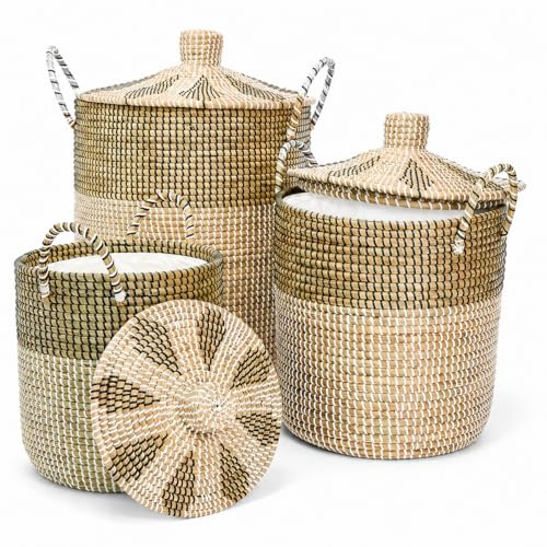 3 Stück Wäschekorb mit deckel, Aufbewahrungskorb geflochten, Seegras Korb groß (76L/43L/26L), Handgefertigtes in Vietnam, für Aufbewahrung, Wäsche, Spielzeug, Heimdekoration, Badezimmer, Wohnzimmer