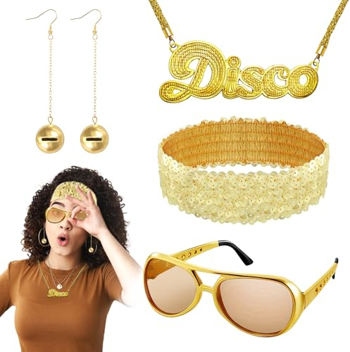 Simsky Disco outfit damen 70er Jahre Damen Accessoires Set - Disco Outfit mit Ohrringen, Halskette, Sonnenbrille & Pailletten-Stirnband