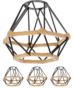 ledscom.de 4 Stück Käfig Lampenschirm mit Hanfseil, Diamant, schwarz, 155mm Ø