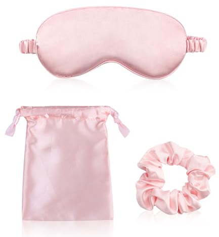 Masque de Nuit, Lot de 3 Cache Yeux pour Dormir Soie Masque Yeux Doux Masque de Sommeil Soie Bandeau Yeux pour Dormir Cache-œil Réglable pour Dormir Bandeau En Satin Doux Rose