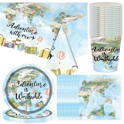 Adventure World Awaits Map Party Tableware, 85 pcs Adventure Theme Tableware Supplies, Plates Cups Napkins Tablecloth, for Kids Party Decoration (16 Guests)