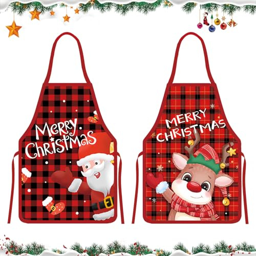 LUVDECO 2 Stück Weihnachten Cartoon Schürze für Damen Männer Elch Santa Rot kariert Kochen Schürzen Neuheit Küche Weihnachtsschürzen für Reinigung Gartenarbeit Backen BBQ Xmas Heimparty Geschenk