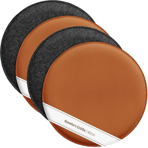 Miqio Design Sitzkissen | Wendekissen Rund aus Filz und Kunstleder | Komfortgröße XL Stuhlkissen ø40 cm | 4er-Set | Sitzauflage für Bank und Stuhl | dunkelgrau-Cognac