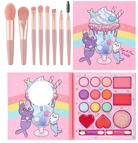 AYNKH 14 Farben Make-up-Set für Mädchen Mit 8 Rosafarbenen Pinseln - Tragbare Palette für Bühnenshow, Halloween, Party, Geburtstag - Schönheit Geschenk-Set