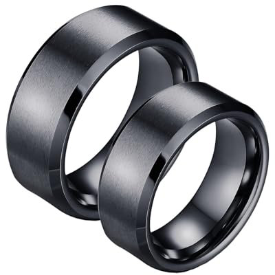 Wycian Ringe Damen Herren, Ringe Paar Schwarz 2 Stück Wolfram 8mm Schwarzer Gebürsteter Ring mit Abgeschrägter Kante Größe Damen 65 (20.7) Herren 65 (20.7)