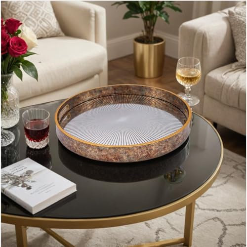 Round Sunburst Antique Gold Home Serving Drinks Candle Decor Coffee Table Tray