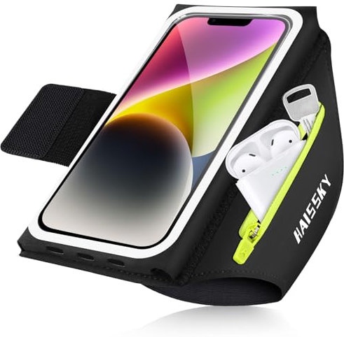 Razobws Brassard Telephone Sport avec Fixations Élastiques Pliables, Porte Telephone Course a Pied pour Sport, Brassard Running pour iPhone 16 Pro Max Galaxy S25 Ultra (Noir + Vert)