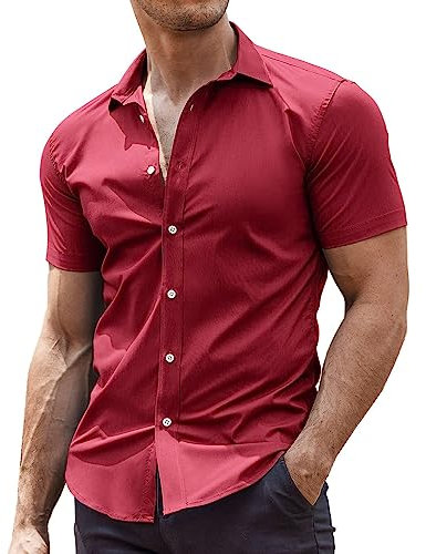 COOFANDY Short Sleeve Shirts Men Non Iron Dress Shirts Stretch Formal Shirt Iron Free Business Shirt Muscle Fit Work Tops Basic Wine Red XL