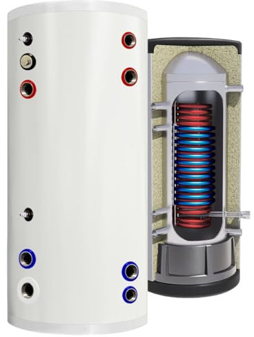 TECHGLOBE - Ballon d'eau chaude - 2 échangeurs de chaleur (1,8 + 3,1 m²) - en acier inoxydable - Économe en énergie - avec isolation 50 mm (400 L)