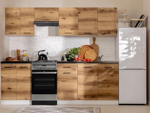 BLACK RED WHITE Küchenkomplettset Junona Line 230 cm mit Arbeitsplatte in hellem Delano-Eichen-Dekor, Front Weiß-Schwarzgold Metallic-Schiefer-Look