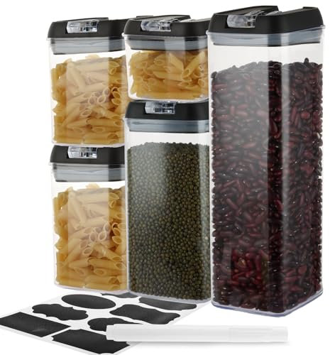 LOLYSIC Airtight Food Storage Containers Set of 5, Stackable Kitchen Pantry Organiser Containers for Cereal Flour Spaghetti Pasta, Black (0.5L, 0.8L x 2, 1.2L, 1.9L)
