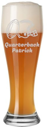 LUXENTU Weizenbierglas 0,5 Liter mit Gravur, Weißbierglas für Hefe- & Kristallweizen, Personalisierte Lasergravur mit Name & Spruch, Geschenk für Football-Fans, Ball & Helm